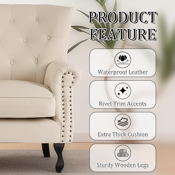 Modern Faux Leather Accent Chair, Upholstered Mid-Century Armchair with Solid Wood Legs, Single Sofa Chair for Living Room, Bedroom, or Reading Room（Ivory White）