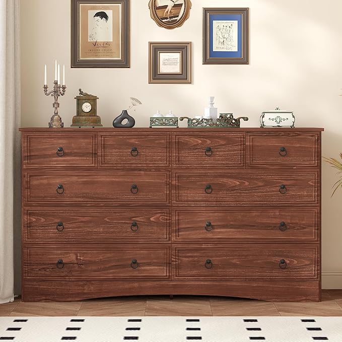 10 Drawers Dresser for Bedroom, 55.2 Inches Large Dressers Mid Century Modern Cherry Wood Chest of Drawers,Storage Organizer Furniture, Hallway, Entryway, Closet, Cherry Wood