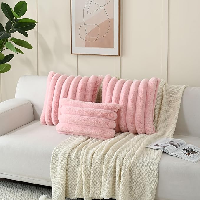 FUTEI Pink Decorative Throw Pillow Covers 26x26 Inch Set of 2, Square Soft Faux Rabbit Fur Thick Striped Euro Pillow Shams,Winter Home Decor for Couch Bed Living Room
