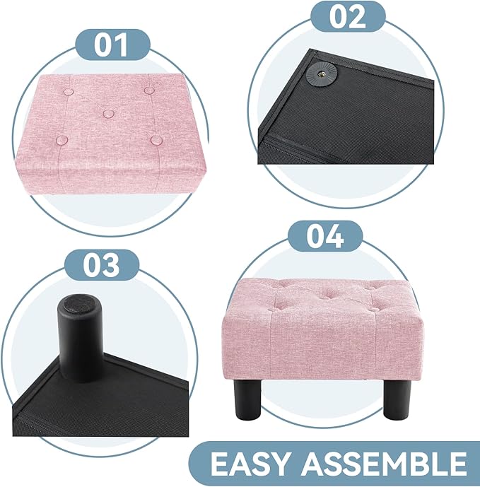 Poofzy Small Foot Stool Ottoman, Linen Ottoman Foot Rest with Legs, Rectangle Foot Rest for Couch, Footstools and Ottomans Small for Living Room and Entryway (Pink)