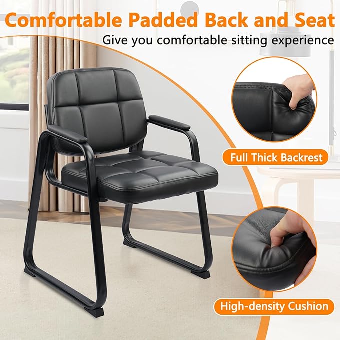 CLATINA Waiting Room Chairs with Padded Arms Leather Guest Chair no Wheels for Office Reception and Conference Desk with Sled Base Black, 2PK