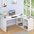 HSH White L Shaped Desk with Shelf, Reversible Modern Home Office Desk Workstation, L Shape Computer Desk with Storage Cabinet Drawer, Industrial Wood Corner Table for Work Study Writing Gaming, 55 In