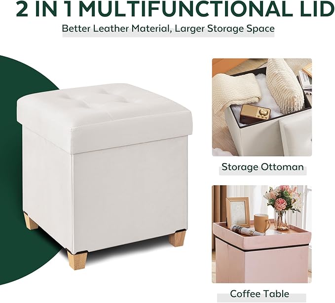 17.7" Ottoman with Storage, Square Storage Ottoman for Dorm, Velvet Ottomans with Legs for Living Room, Bedroom, White