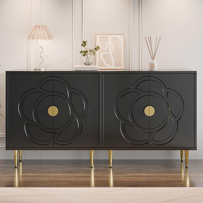 TOLEAD Modern Cabinet with Decorative Flower Pattern Doors - Accent Sideboard Buffet for Hallway, Living Room, Kitchen - Black