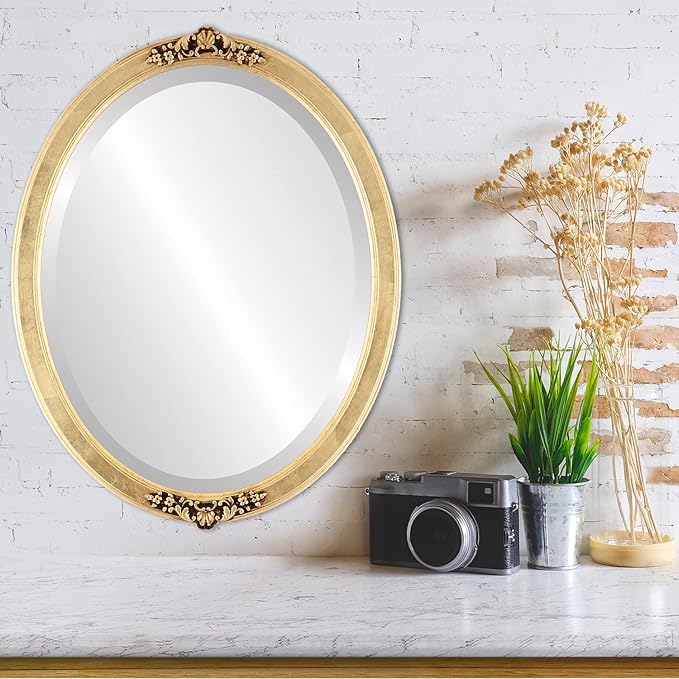 OVALCREST Oval Beveled Wall Mirror for Home Decor - Athena Style - Gold Leaf - 26" x 22" Outside Dimensions