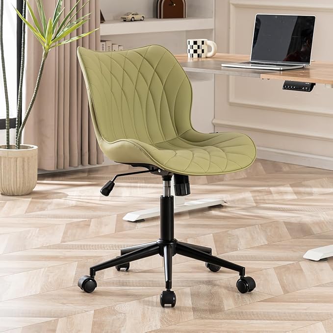 YOUNUOKE Armless Desk Chair Comfy Office Chair with Wheels Home Ergonomic Task Chair Adjustable Computer Chairs Modern Faux Leather Swivel Chair Upholstered Makeup Vanity Chair with Back(Avocado)