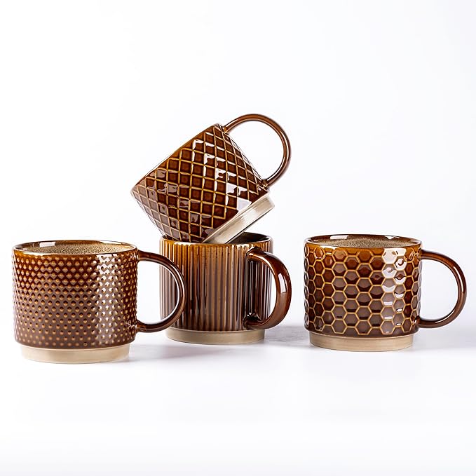 GBHOME 6 OZ Stackable Coffee Mugs, Ceramic Coffee Mugs with Texture Patterns for Man,Woman,Dad,Mom, Modern Coffee Cups Set of 4 for Espresso/Cappuccino. Dishwasher&Microwave Safe,