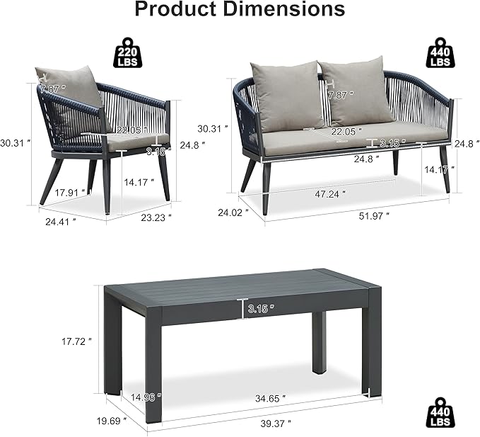 PURPLE LEAF 4 Pieces Patio Conversation Set Outdoor Wicker Furniture with Aluminum Table and Rattan Chairs Sofa Cushions Included for Porch Backyard Garden Balcony Gray
