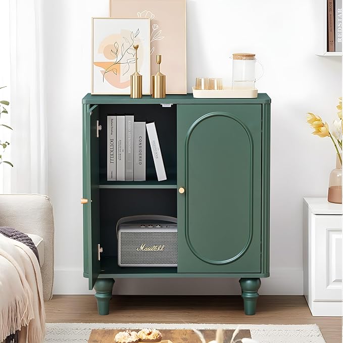 ORRD Fluted Storage Cabinet, Modern Credenza Wooden Accent Sideboard Buffet Cabinet with Adjustable Shelves and Solid Wood Legs, Console Table for Kitchen Dining Living Room Entryway, Green