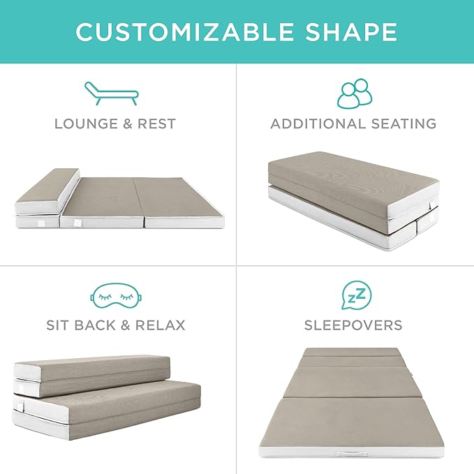 Best Choice Products 4in Portable Twin-Size Mattress, Tri-Fold Mattress for Camping, Guest, Toddler, Foam Plush w/Carry Case - Taupe