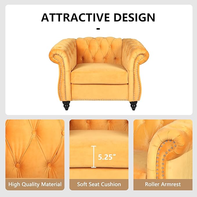 Accent Sofa Chair for Living Room, Mid Century Modern Velvet Upholstered Armchair, Oversized Comfy Single Couch Chair with Cushion, Tufted Chesterfield Sofa Couch for Home, Bedroom, Apartment (Yellow)