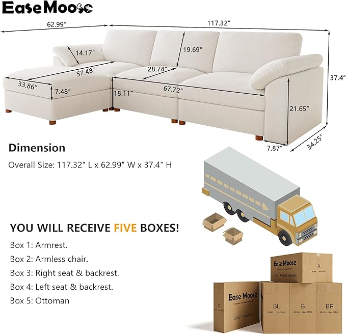 EASE MOOSE White Modular Sectional Sofa, FSC Certified Extra Large L Shape Sectional Couch, Comfty Wide Deep Modular Cloud Sofa with Ottoman, Removable and Washable