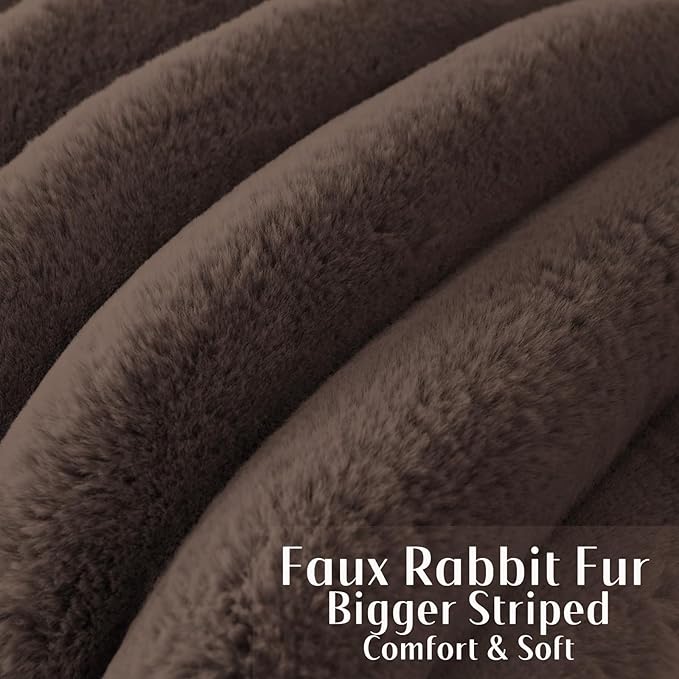 FUTEI Dark Coffee Decorative Throw Pillow Covers 22x22 Inch Set of 2, Square Soft Faux Rabbit Fur Big Striped Cushion Cover,Home Decor for Couch Sofa Bed Living Room