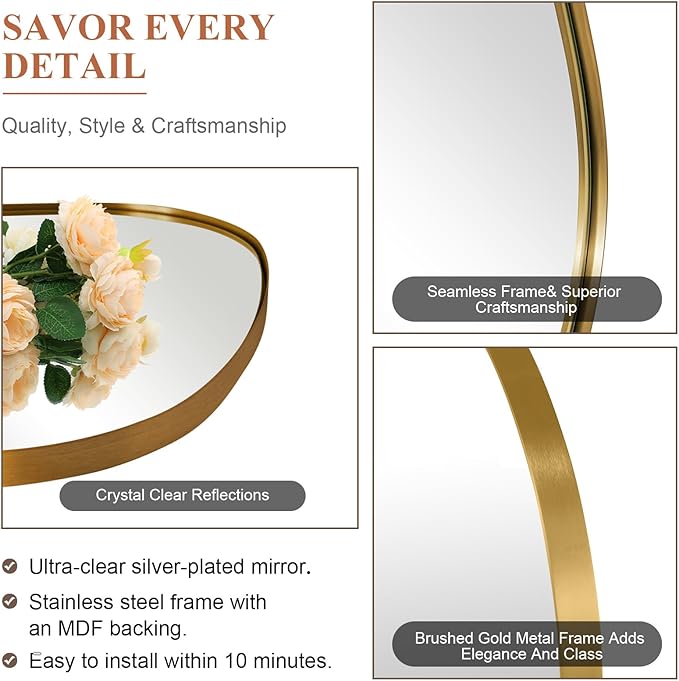 ANDY STAR Gold Bathroom Mirror, 22"x30" Brushed Brass Asymmetrical Wall Mirror in Stainless Steel Metal Frame, Unique Vanity Mirror with Modern Curved Design, Ideal for Bathroom, Bedroom, Entryway