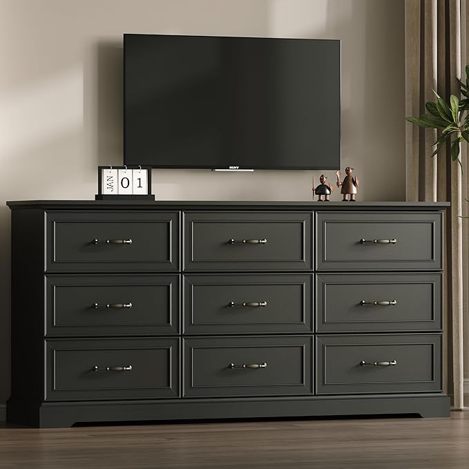 Farmhouse 9 Drawers Dresser for Bedroom, 63" Wide Modern Chest of Drawers with Deep Drawers & Bar Handles, Rustic Wood Dresser TV Stand, Wooden Closet Storage Organizer for Living Room, Hallway, Black
