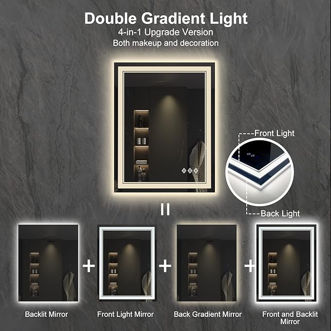 LED Bathroom Mirror, 24x32 Inch Gradient Front and Backlit LED Mirror for Bathroom, 3 Colors Dimmable CRI>90 Double Lights, IP54 Enhanced Anti-Fog, Hanging Plates Vanity Mirror with Lights