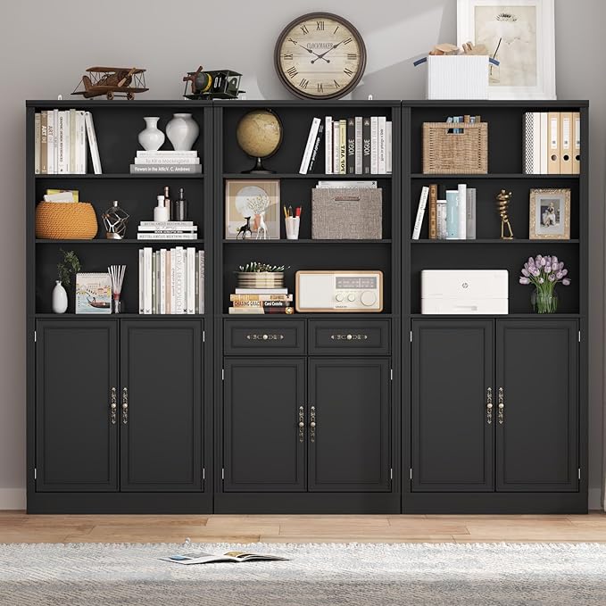72'' Tall Bookcase with Doors and Drawers, Adjustable Shelves, P2 MDF Construction, 32'' Wide Freestanding Cabinet with Metal Handles, Hidden Storage for Living Room, Bedroom, Black
