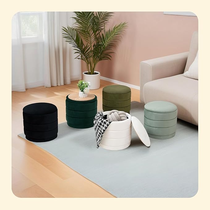 PINPLUS Round Velvet Ottoman Tray, White Upholstered Decorative Accent for Footstool or Coffee Table, Removable Serving Surface