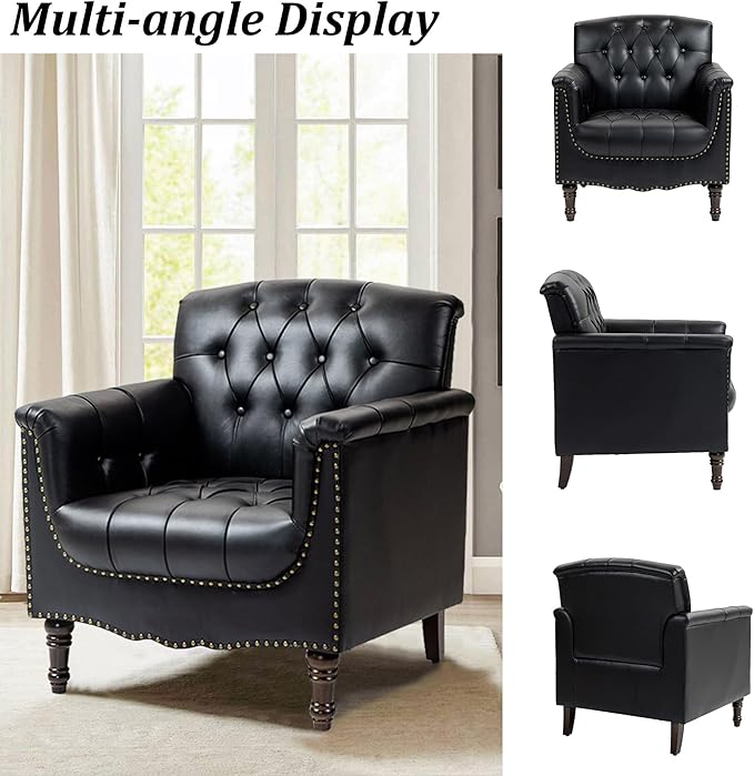 Faux Leather Accent Chair, PU Leather Modern Comfy Upholstered Armchair with Wood Legs & Nailhead Trim for Living Room, Bedroom (Black,Set of 2)