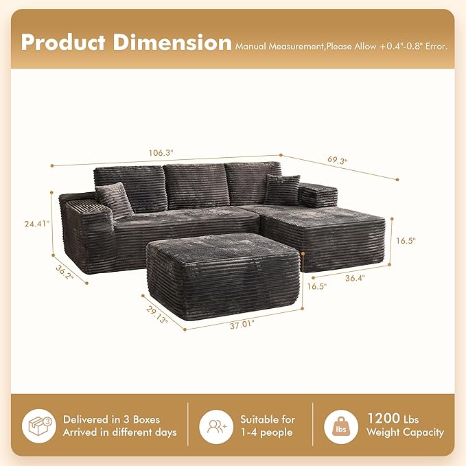 106" Cloud Sectional Couch with L-Shape Chaise & Ottoman, No Assembly Modular Sofa, Deep Seat Plush Corduroy Boneless Couched for Living Room (Gray Plush Corduroy, Right Facing Chaise with Ottoman)