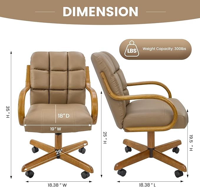 Chromcraft Douglas Set of 2 Classic Caster Swivel Tilt Dining Chairs Swivel Tilt Dining Chairs, Kitchen Chairs (Taupe-Chestnut)