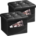 Storage Ottoman Foot Rest Stool, Small Leather Storage Ottomans Bench, Folding Footstool with Side Pockets, Foot Rest Under Desk for Living Room Bedroom, 16x12x12 in, Black 2 Pack