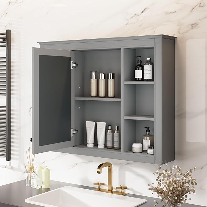 Bathroom Wall Cabinet with Mirror, 35'' x 27.5'' Medicine Cabinet with Mirror Door and Adjustable Shelves, Over Toilet Storage Cabinet, Wall-Mounted Bathroom Mirrors for Over Sink with Storage