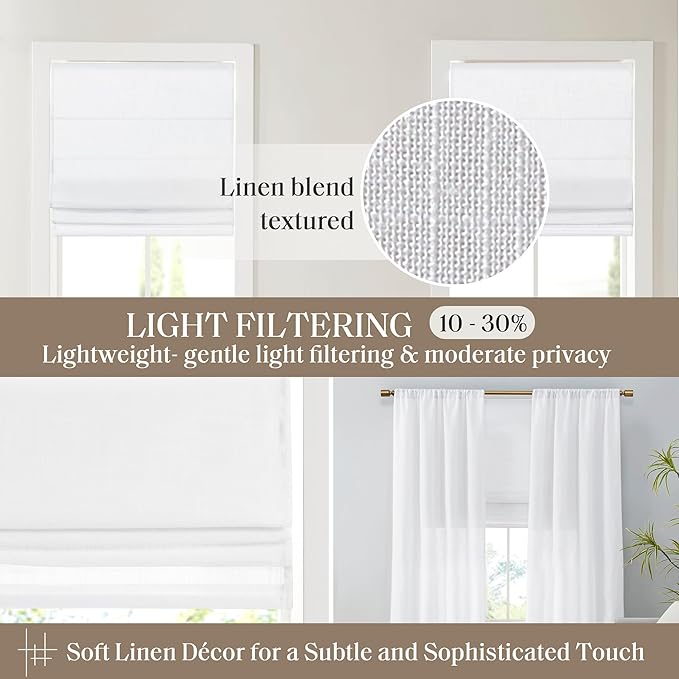 Madison Park Kyler Cordless Roman Shades - Single Panel, Lightweight Linen Blend Fabric, Natural Design, Easy Installation, Light Filtering Window Blind, Bedroom, Living Room Decor 34"W x 64"H White
