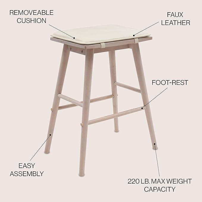 JONATHAN Y CSL2002B Peroni 26" MidCentury Classic Saddle-Seat Solid Wood/Vegan Leather Backless Counter Stool with Removeable Cushion for Pool, Deck, Poolside, Light Birch/Cream