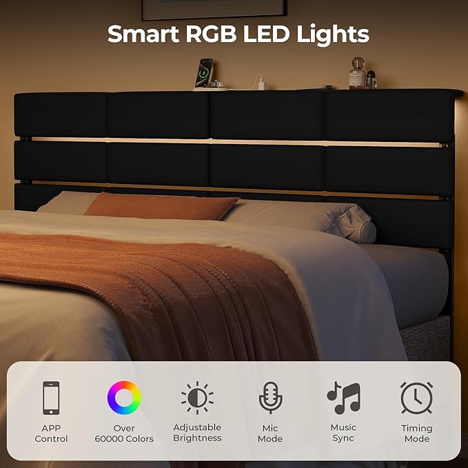 King/Cal King Size Upholstered Velvet Headboard, Adjustable Head Boards with LED Light & Charging Station, Bed Headboard Only, Attach Frame, Ideal for Bedroom, Dorm, Guest Room, Black