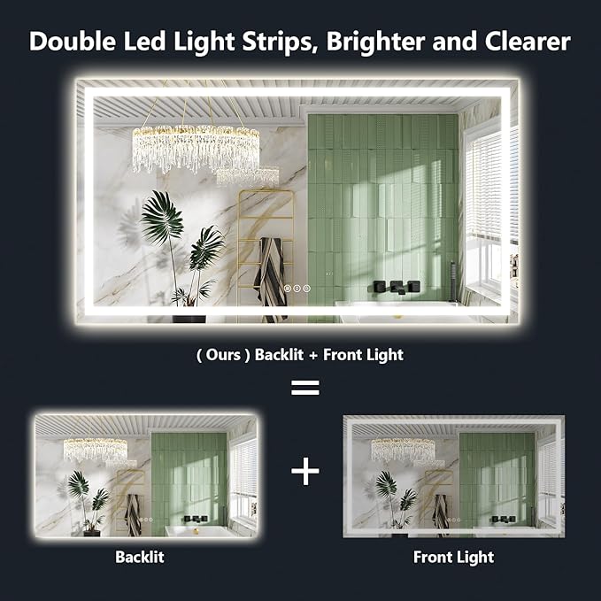 72x40 Inch LED Bathroom Mirror with Lights Front and Backlit Lighted Vanity Mirror for Bathroom Wall with 3 Colors Dimmable Anti-Fog Memory Shatter-Proof IP54 Waterproof Horizontal/Vertical