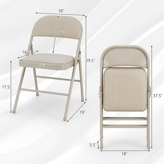 GOFLAME 6 Pack Folding Chairs, Fabric Dining Chair Set with Padded Seat & Metal Frame, Indoor Outdoor Upholstered Commercial Seat for Home Office Events Wedding Party, Beige