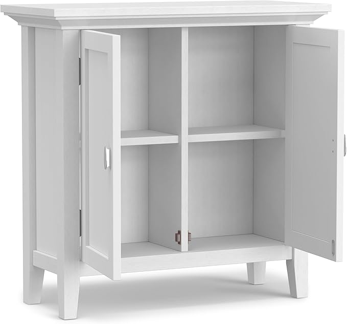 SIMPLIHOME Redmond SOLID WOOD 32 inch Wide Transitional Low Storage Cabinet in White for the Living Room, Entryway and Family Room