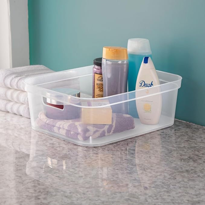 Sterilite 5.25 x 12.25 x 15 Inch Medium Modern Storage Bin w/Comfortable Carry Through Handles & Banded Rim for Household Organization, Clear 16 Pack