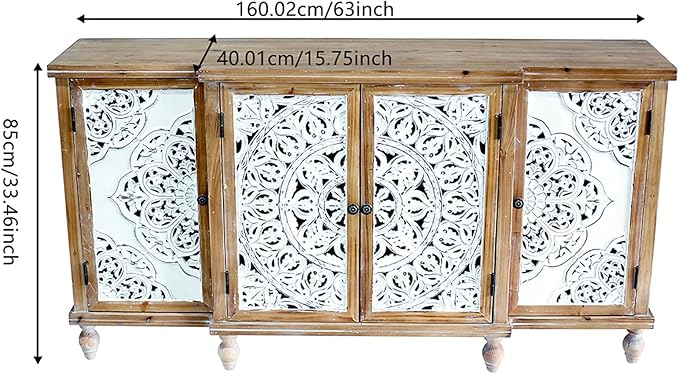 Accent Cabinet with 4 Doors, Hollow Carved Storage Sideboard, Wood Buffet Cabinet for Living Room, Dining Room, Entryway (4-Door 3 Compartment)