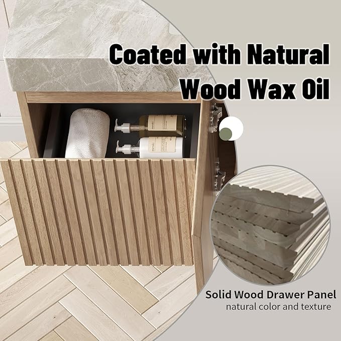 48 Inch Floating Bathroom Vanity with Sink, Wall-Mounted Bathroom Vanity with Drawer and 2 Doors, Light Gray Sintered Stone Countertop and Ceramic Basin, Pre-Assembled, White Oak Woodgrain