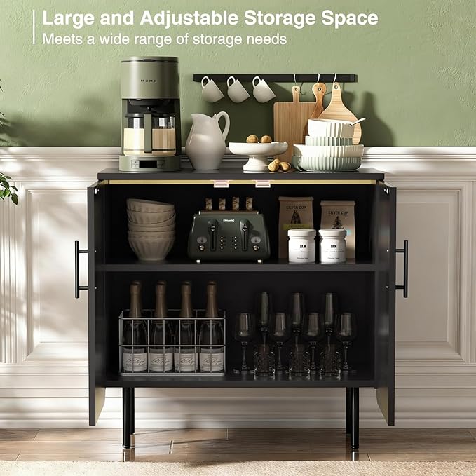 Buffet Cabinet with Storage, Sideboard with 2 Doors, Adjustable Shelf, Fluted Accent Cabinet for Living Room, Modern,Black