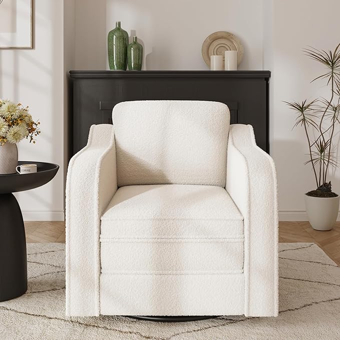 Swivel Accent Chair for Living Room, 30 Inches Barrel Upholstered Armchair, Cozy Modern Arm Chair Single Sofa for Bedroom, Apartment, Reading Room, White