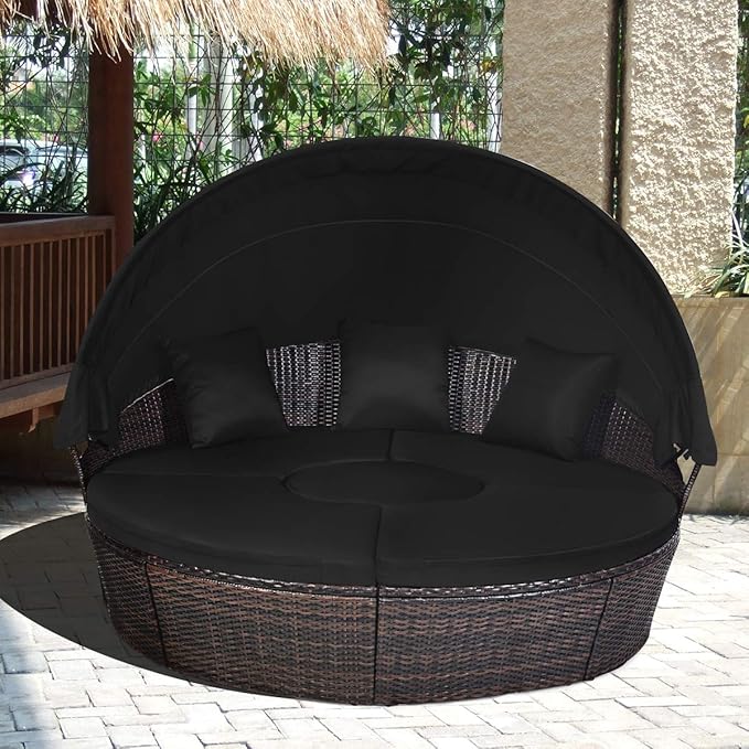 COSTWAY Patio Round Daybed with Retractable Canopy, Wicker Furniture Sectional Couch with Separate Cushioned Seats, Adjustable Table Top, Patio Rattan Daybed Sofa for Backyard, Poolside, Black