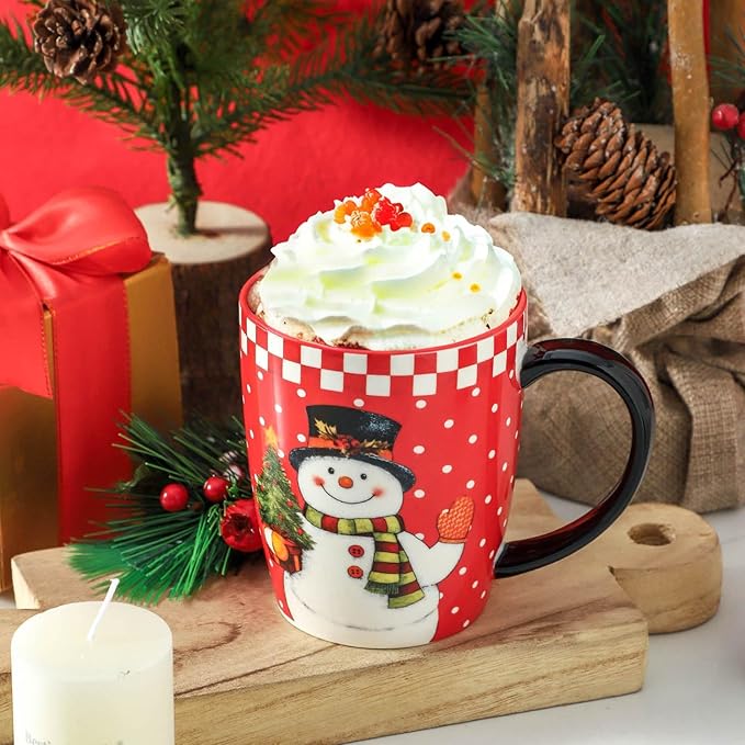HASENSE Christmas Coffee Mugs Set of 4,15 oz Ceramic Holiday Cups with Handles, Matching Xmas Mugs for Hot Cocoa,Coffee or Tea,Ideal Xmas Gifts for Family,Friends,and Holiday Parties,Colorful