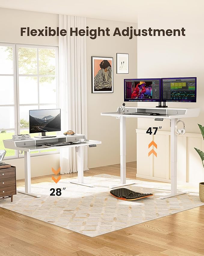 ErGear Electric Standing Desk with Drawers, 48″ x 24″ Gaming Table Compatible Monitor Stand, Stand up Desks, Home Office Height-Adjustable Desk with Storage Shelf, 4 Preset Heights, White