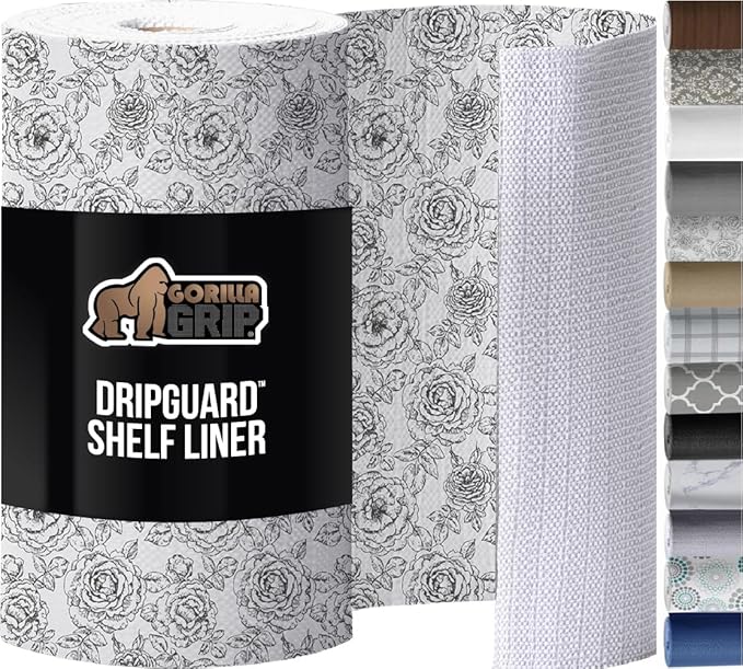 GORILLA GRIP DripGuard Shelf Liner, Non Adhesive Drawer and Kitchen Cabinet Protector, 20x240 Inch, Slip Resistant BPA Free Smooth Surface Plastic Liners for Cabinets, Bathrooms, Closets, Floral Gray