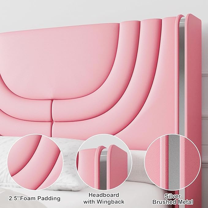 Pink Full Size Bed Frame with LED Lights, Faux Leather Upholstered Platform with Silver Wingback Headboard, Modern Style, No Box Spring Needed, Easy Assembly