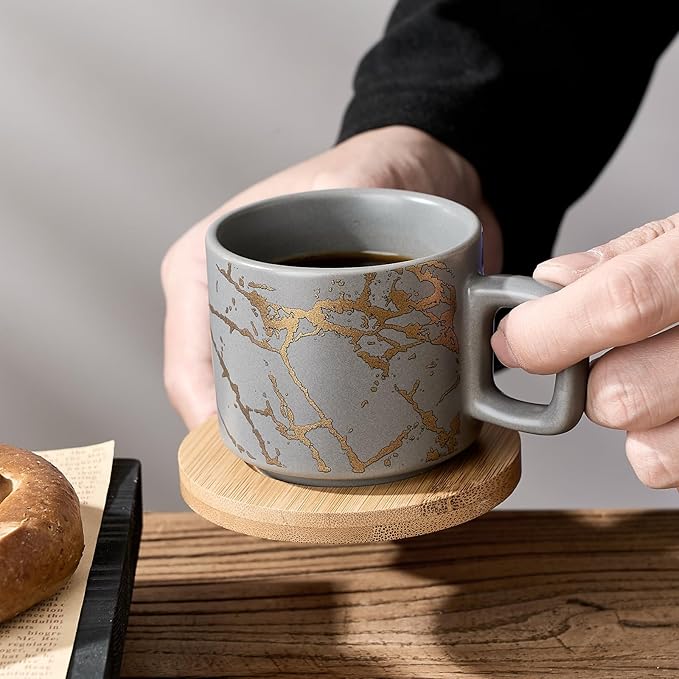 LUKA Porcelain Espresso Cup with Saucer and Metal Stand, 4 Ounce Stackable Ceramic Demitasse Espresso Mugs Cups Set for Latte, Specialty Coffee Drinks, Cafe Mocha,Tea - Set of 4, Gray