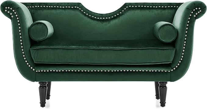 Christopher Knight Home Aurora Velvet Chaise Lounge Indoor with 2 Bolster Pillows, Upholstery Entryway Bench with Nailhead Trim & Curved Arms, End of Bed Bench Ottoman and Wooden Legs, Green