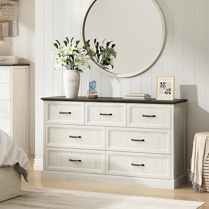 CARPETNAL Farmhouse Dresser and Nightstand Sets for Bedroom, 4 Pcs Bedroom Set, 5 Drawer & 7 Drawer Dresser and Nightstand Set of 2, Wood Chest of Drawers for Living Room, Entryway, White