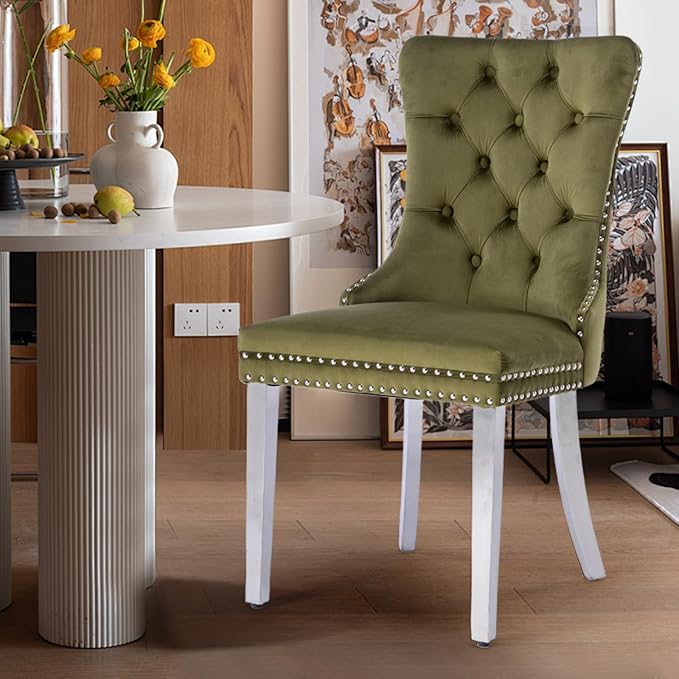 Velvet Upholstered Dining Chairs Set of 6, Modern Kitchen Side Chairs with Nailhead Trim and Silver Plated Leg, Metal Pulling Ring for Dining Room Living Room(Olive Green-Silver Plated Leg)