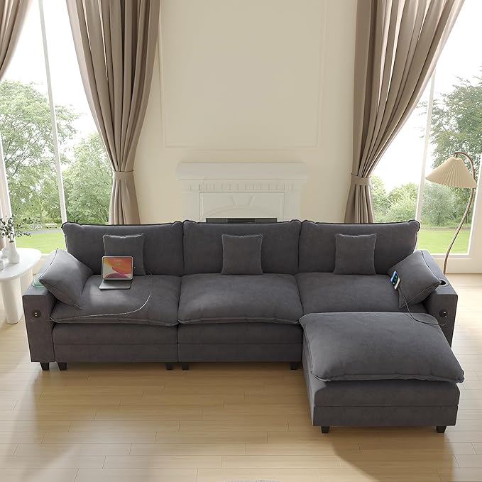 Cloud Couch, Modular Sectional Sofa with Ottoman, Charging Station, Throw Pillows, Cup Holders, Modern Convertible L Shaped Couches for Living Room, Bedroom (Grey, 116"- L Shape)