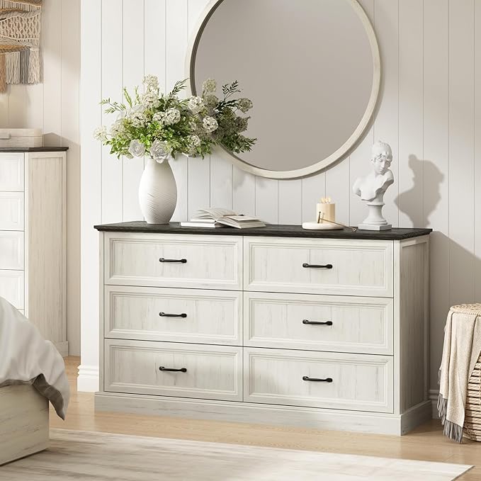 Farmhouse 6 Drawer Dresser for Bedroom, 55 Inch Wide Modern White Dresser TV Stand with Large Drawers & Bar Handles, Rustic Wood Chest of Drawers for Bedroom