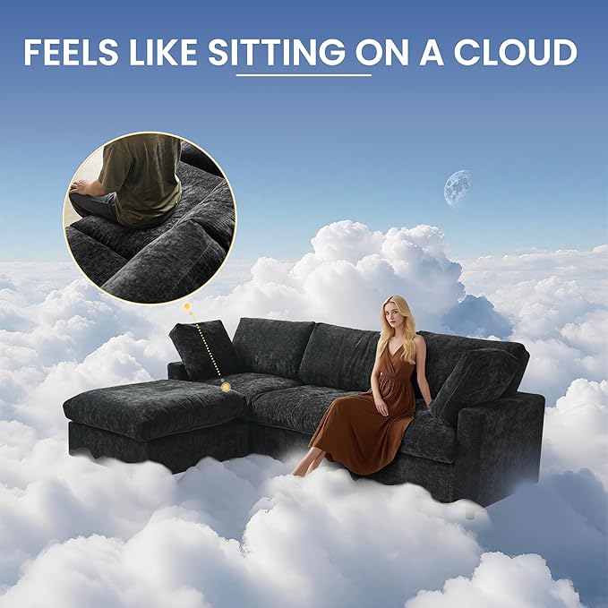 WJShome Modern Sectional Couches for Living Room,100 Inch 3-Seater Chenille Deep Seat Modular Sofa, Cloud Couch for Bedroom and Apartment，Black